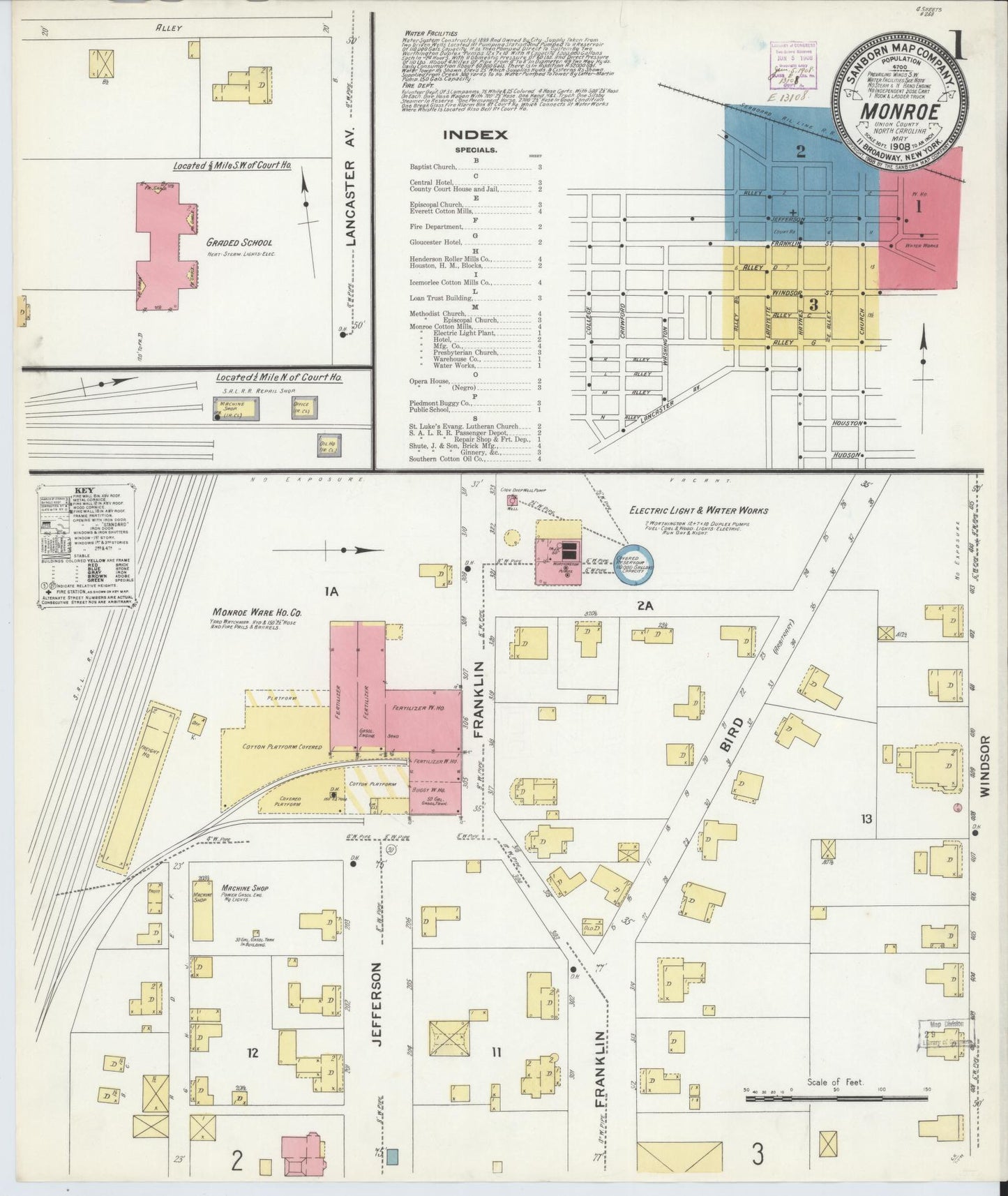 Sanborn Fire Insurance Map from Monroe, Union County, North Carolina (1908), Sheet #0001 - Historic Sanborn Fire Insurance Map Print, vintage old map wall art, antique decor, genealogy gift, North Carolina North Carolina map