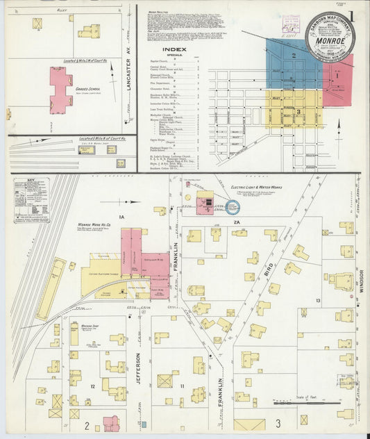 Sanborn Fire Insurance Map from Monroe, Union County, North Carolina (1908), Sheet #0001 - Historic Sanborn Fire Insurance Map Print, vintage old map wall art, antique decor, genealogy gift, North Carolina North Carolina map