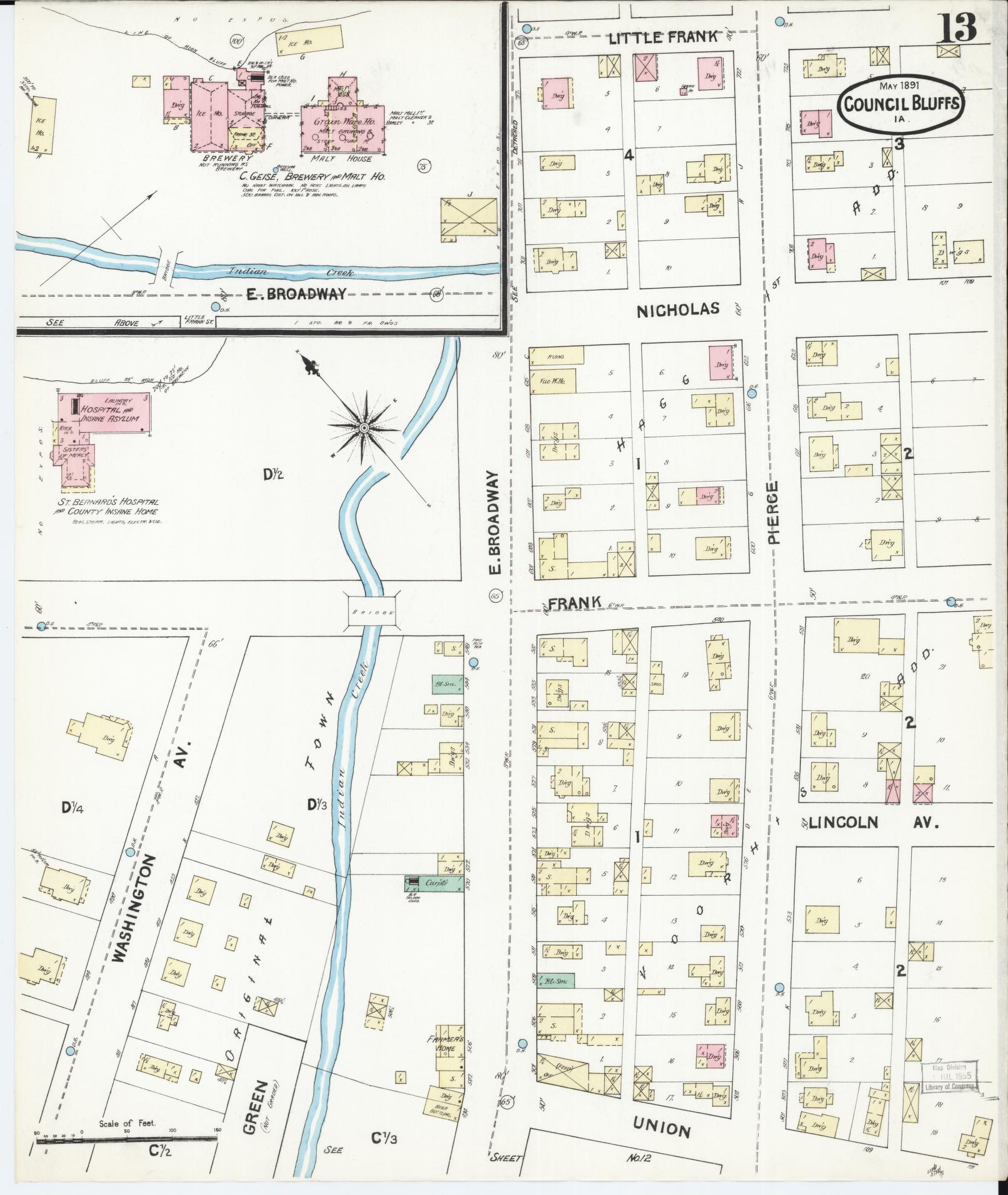 Sanborn Fire Insurance Map from Council Bluffs, Pottawattamie County, Iowa (1891), Sheet #0013 - Historic Sanborn Fire Insurance Map Print, vintage old map wall art