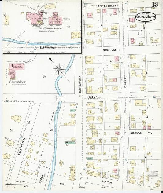 Sanborn Fire Insurance Map from Council Bluffs, Pottawattamie County, Iowa (1891), Sheet #0013 - Historic Sanborn Fire Insurance Map Print, vintage old map wall art