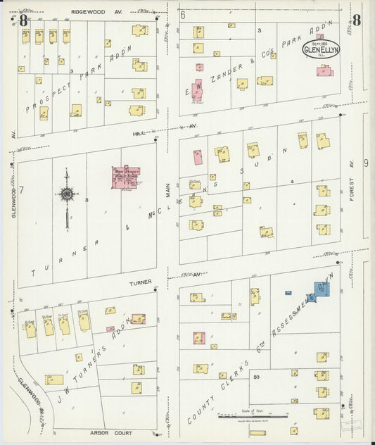 Sanborn Fire Insurance Map from Glen Ellyn, Du Page County, Illinois (1924), Sheet #0008 - Historic Sanborn Fire Insurance Map Print, vintage old map wall art, antique decor, genealogy gift, Illinois Illinois map