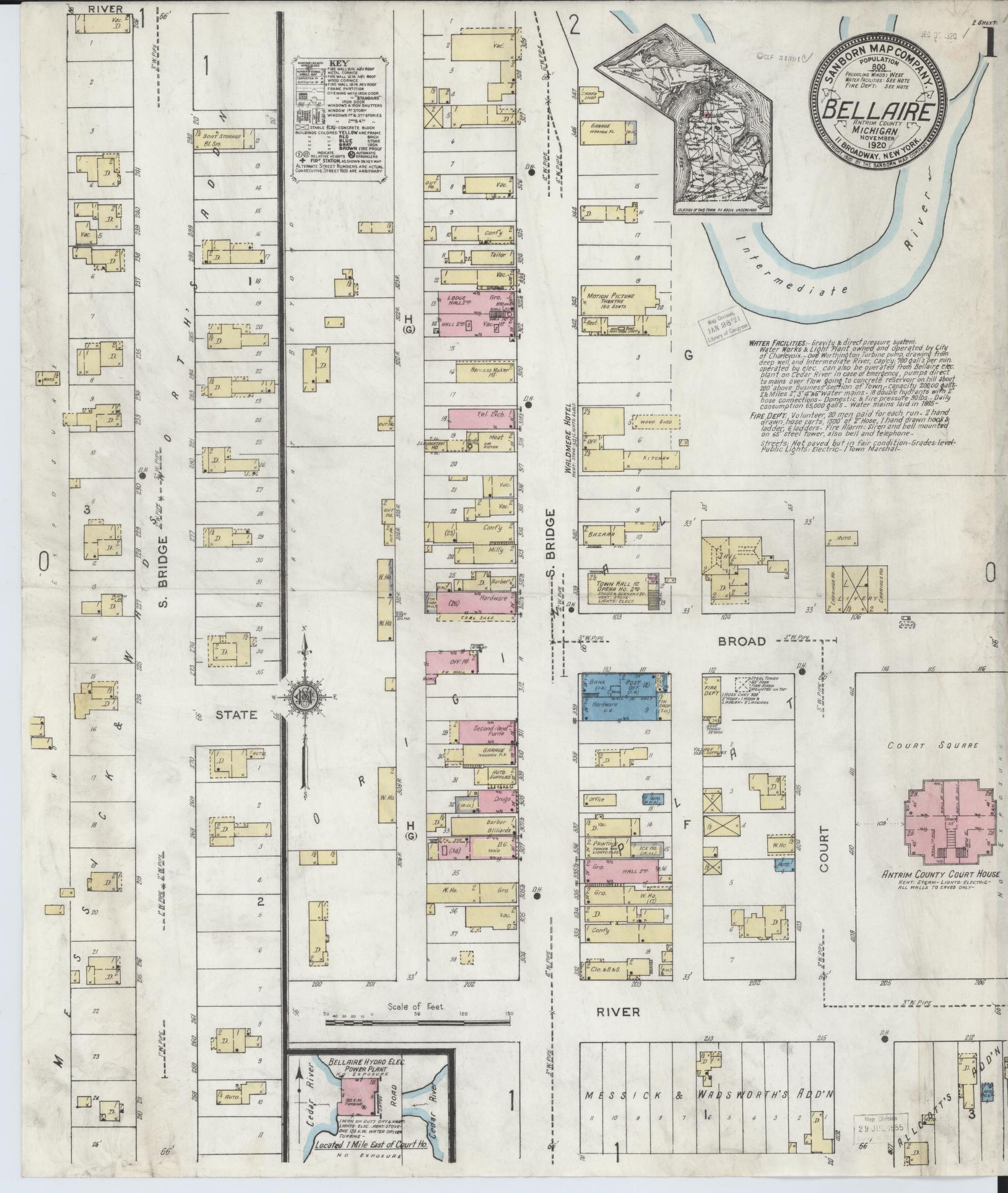 Sanborn Fire Insurance Map from Bellaire, Antrim County, Michigan (1920), Sheet #0001 - Historic Sanborn Fire Insurance Map Print, vintage old map wall art, antique decor, genealogy gift, Michigan Michigan map
