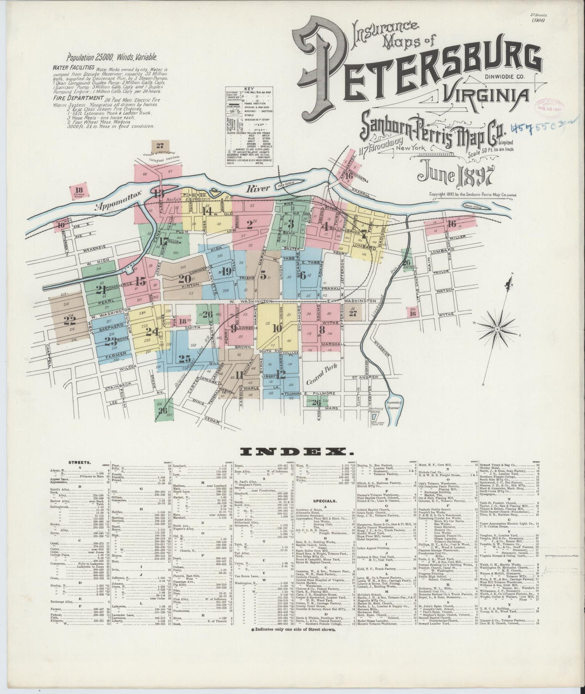 Sanborn Fire Insurance Map from Petersburg, Independent Cities, Virginia (1897), Sheet #0001 - Historic Sanborn Fire Insurance Map Print, vintage old map wall art, antique decor, genealogy gift, Virginia Virginia map
