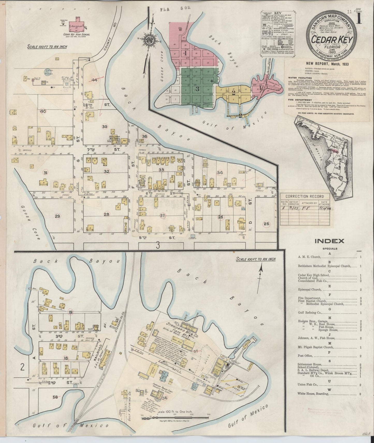 Sanborn Fire Insurance Map from Cedar Key, Levy County, Florida (1933), Sheet #0001 - Complete Map Set gallery image, historic Sanborn map, vintage wall art, Florida Florida