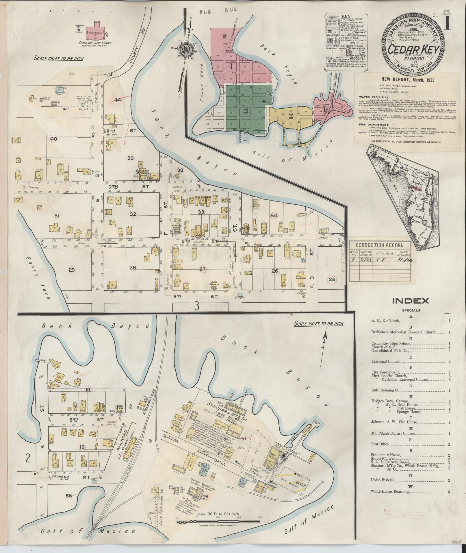 Sanborn Fire Insurance Map from Cedar Key, Levy County, Florida (1933), Sheet #0001 - Complete Map Set gallery image, historic Sanborn map, vintage wall art, Florida Florida
