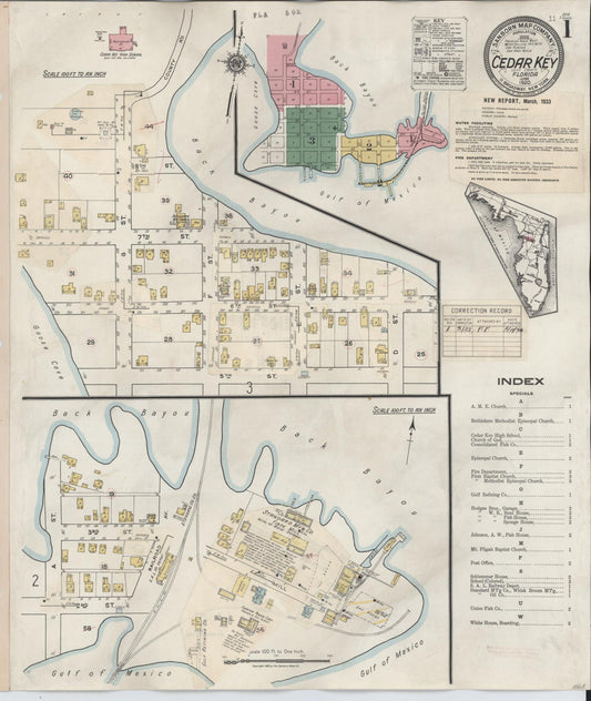 Sanborn Fire Insurance Map from Cedar Key, Levy County, Florida (1933), Sheet #0001 - Complete Map Set gallery image, historic Sanborn map, vintage wall art, Florida Florida