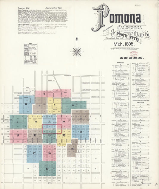 Sanborn Fire Insurance Map from Pomona, Los Angeles County, California (1895), Sheet #0001 - Complete Map Set gallery image, historic Sanborn map, vintage wall art, California California