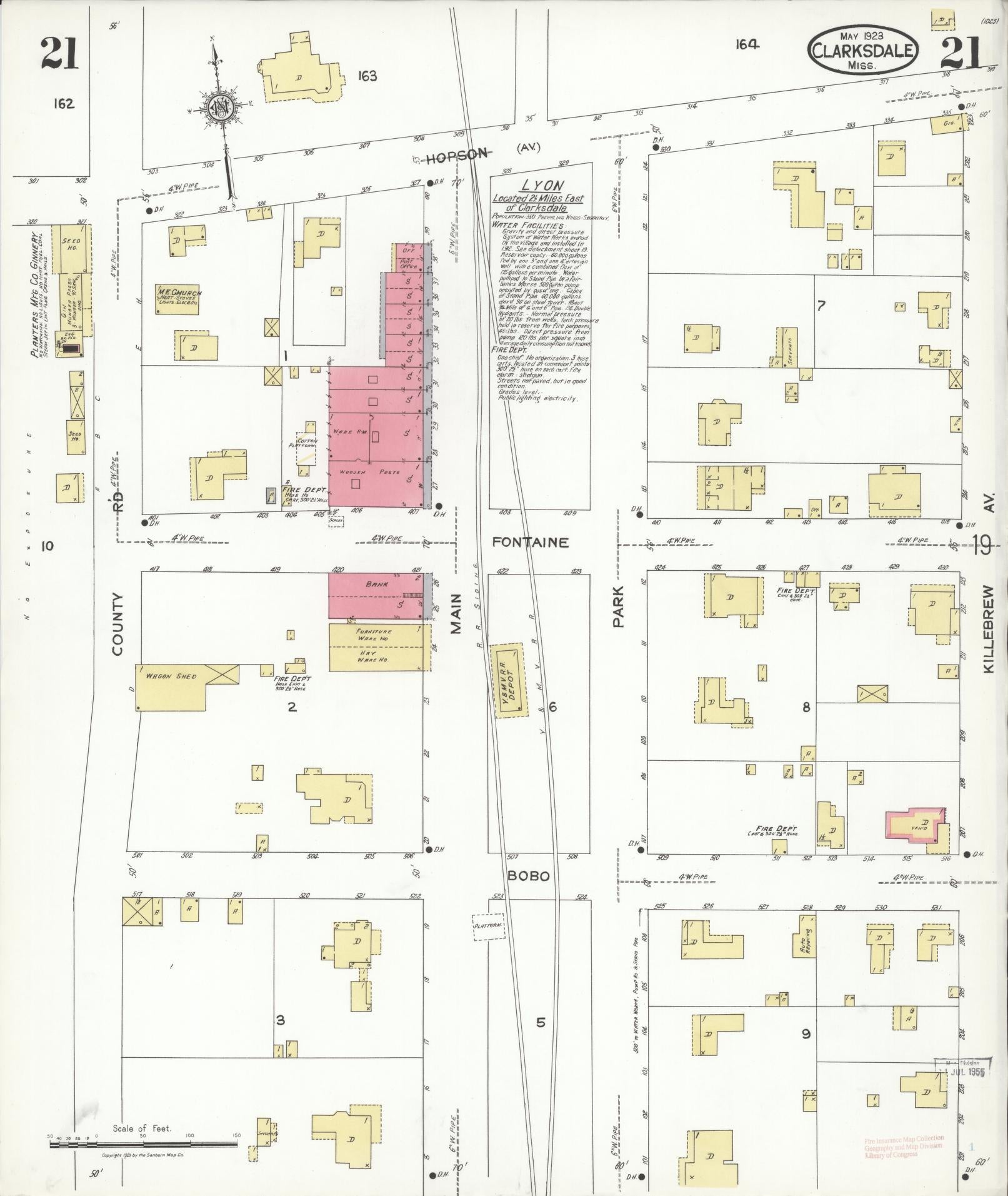Sanborn Fire Insurance Map from Clarksdale, Coahoma County, Mississippi (1923), Sheet #0021 - Historic Sanborn Fire Insurance Map Print, vintage old map wall art, antique decor, genealogy gift, Mississippi Mississippi map