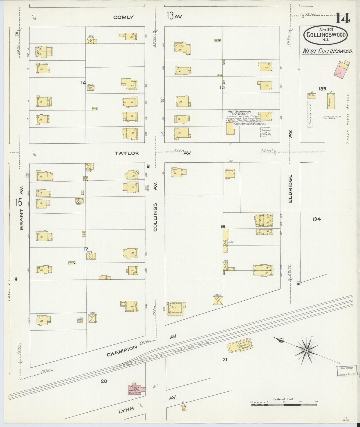 Sanborn Fire Insurance Map from Collingswood, Camden County, New Jersey (1909), Sheet #0014 - Historic Sanborn Fire Insurance Map Print, vintage old map wall art, antique decor, genealogy gift, New Jersey New Jersey map