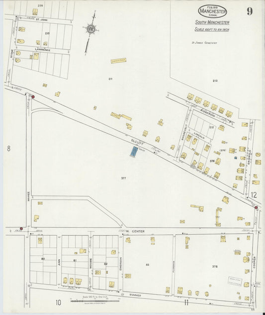Sanborn Fire Insurance Map from Manchester, Hartford County, Connecticut (1919), Sheet #0009 - Historic Sanborn Fire Insurance Map Print, vintage old map wall art, antique decor, genealogy gift, Connecticut Connecticut map