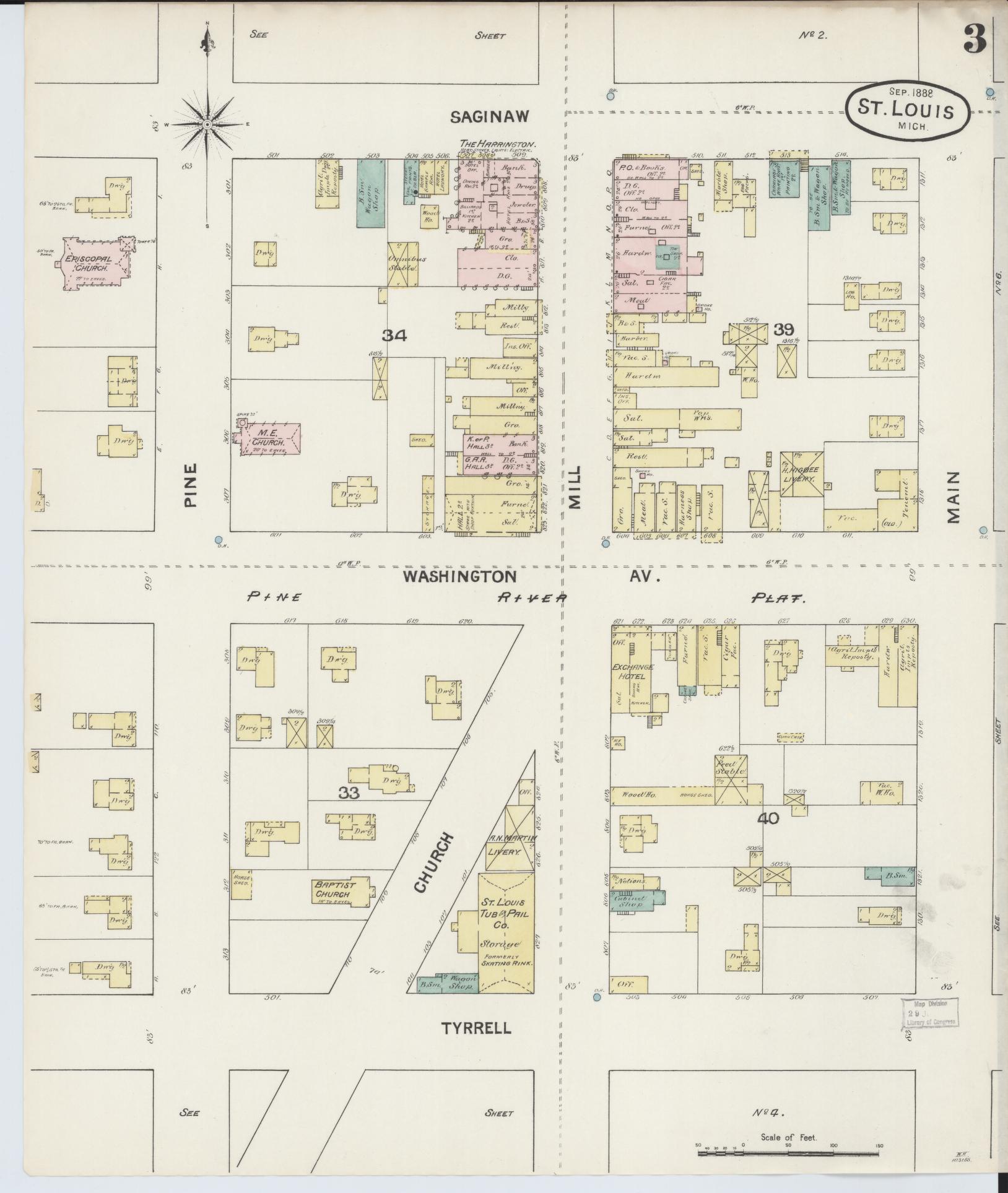 Sanborn Fire Insurance Map from Saint Louis, Gratiot County, Michigan (1888), Sheet #0003 - Complete Map Set gallery image, historic Sanborn map, vintage wall art, Michigan Michigan