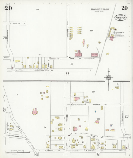 Sanborn Fire Insurance Map from Kinston, Lenoir County, North Carolina (1925), Sheet #0020 - Historic Sanborn Fire Insurance Map Print, vintage old map wall art, antique decor, genealogy gift, North Carolina North Carolina map