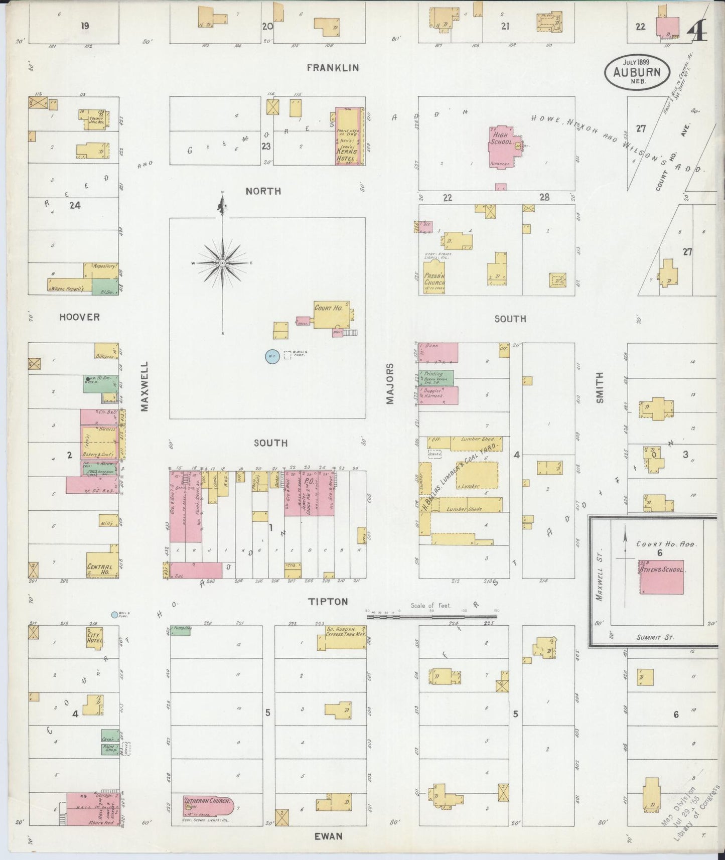 Sanborn Fire Insurance Map from Auburn, Nemaha County, Nebraska (1899), Sheet #0004 - Historic Sanborn Fire Insurance Map Print, vintage old map wall art, antique decor, genealogy gift, Nebraska Nebraska map