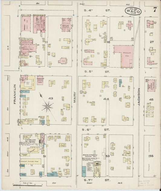 Sanborn Fire Insurance Map from Waco, McLennan County, Texas (1885), Sheet #0007 - Historic Sanborn Fire Insurance Map Print, vintage old map wall art, antique decor, genealogy gift, Texas Texas map