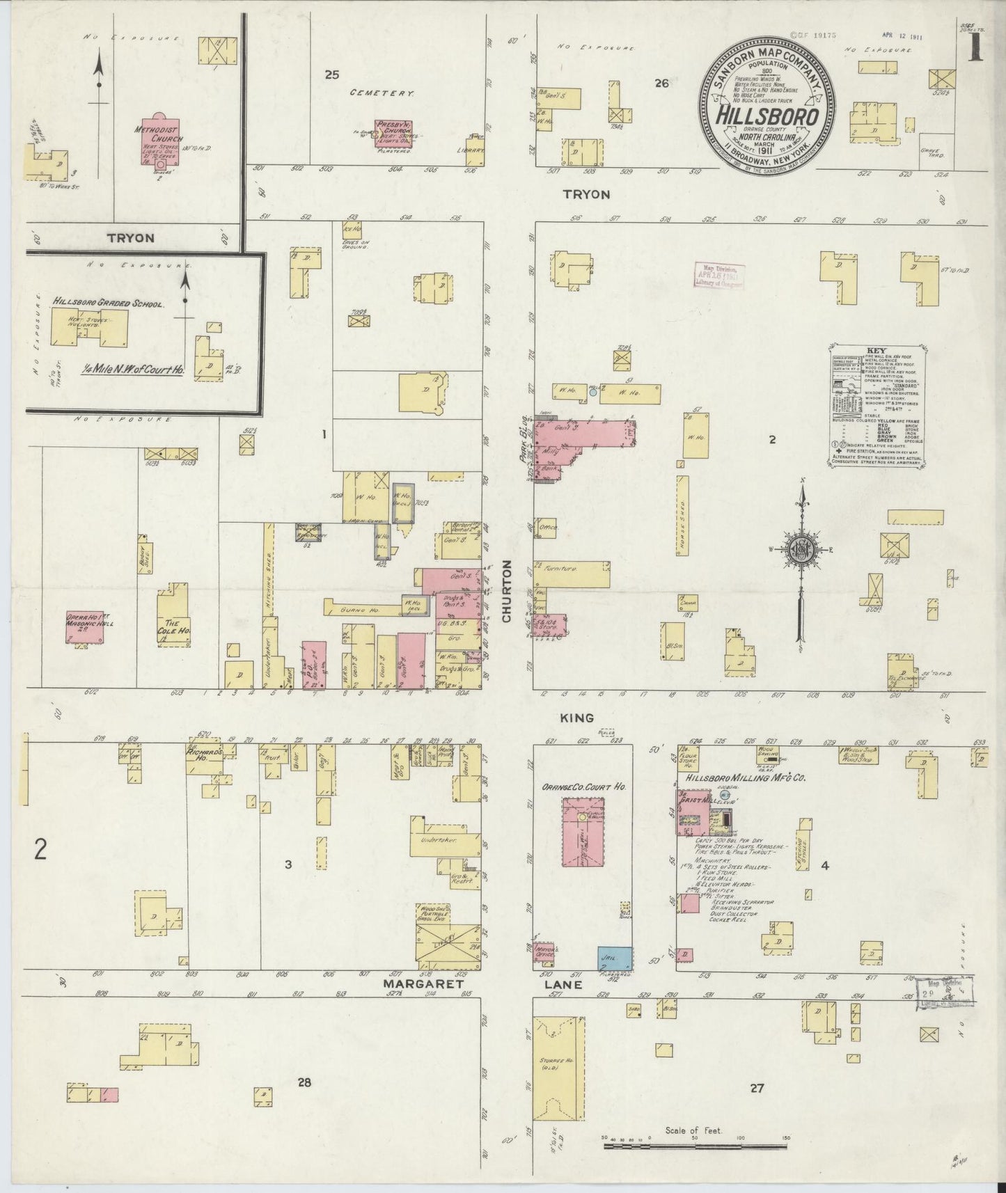 Sanborn Fire Insurance Map from Hillsboro, Orange County, North Carolina (1911), Sheet #0001 - Historic Sanborn Fire Insurance Map Print, vintage old map wall art, antique decor, genealogy gift, North Carolina North Carolina map
