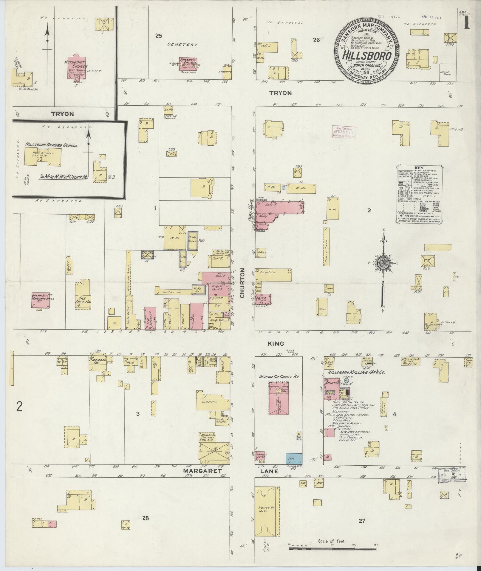 Sanborn Fire Insurance Map from Hillsboro, Orange County, North Carolina (1911), Sheet #0001 - Historic Sanborn Fire Insurance Map Print, vintage old map wall art, antique decor, genealogy gift, North Carolina North Carolina map