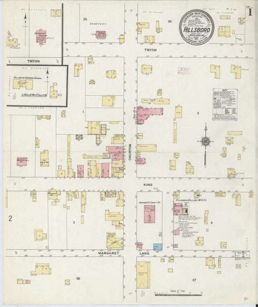 Sanborn Fire Insurance Map from Hillsboro, Orange County, North Carolina (1911), Sheet #0001 - Historic Sanborn Fire Insurance Map Print, vintage old map wall art, antique decor, genealogy gift, North Carolina North Carolina map