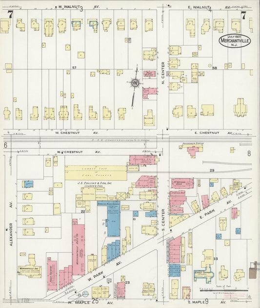 Sanborn Fire Insurance Map from Merchantville, Camden County, New Jersey (1925), Sheet #0007 - Historic Sanborn Fire Insurance Map Print, vintage old map wall art, antique decor, genealogy gift, New Jersey New Jersey map