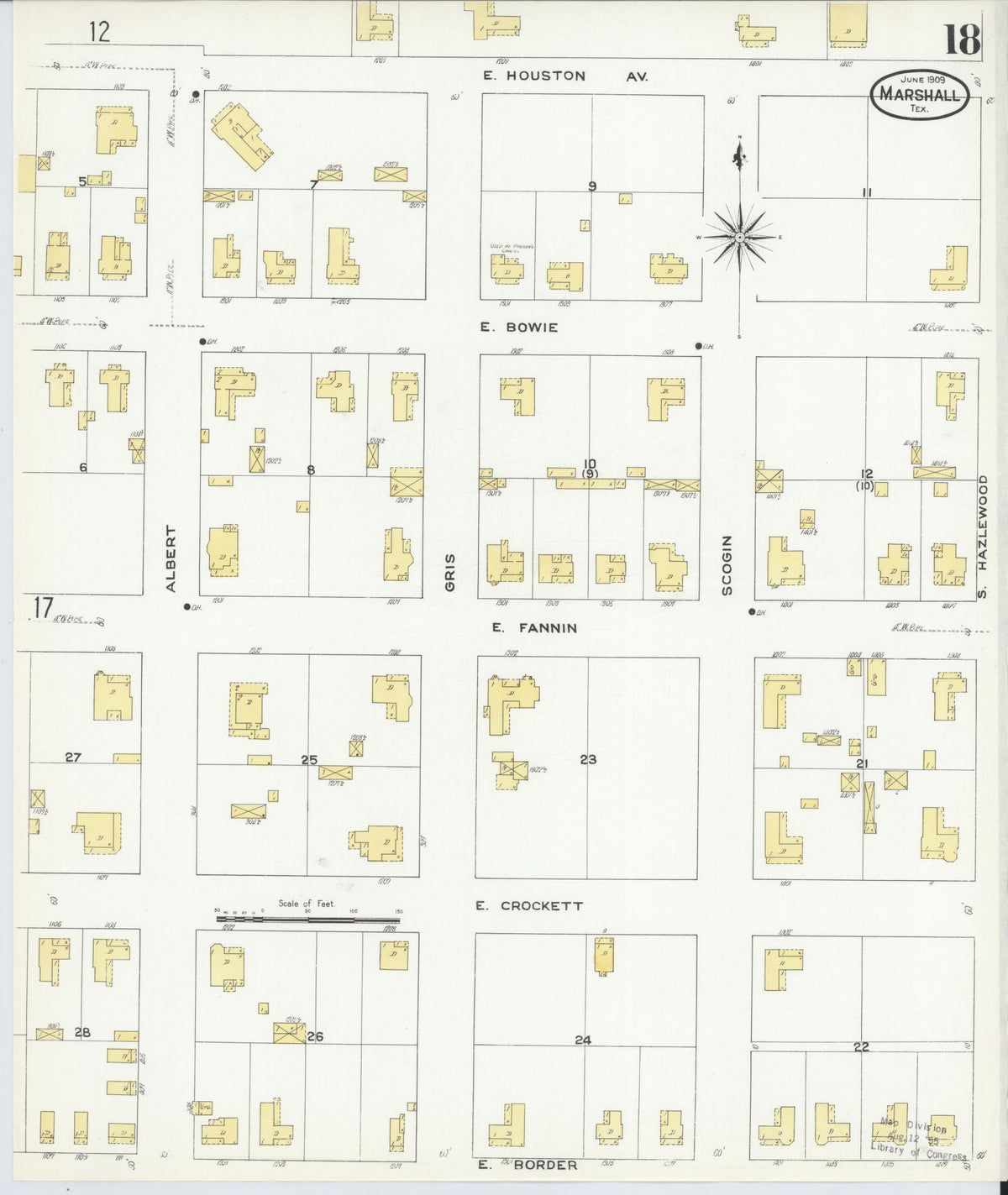 Sanborn Fire Insurance Map from Marshall, Harrison County, Texas (1909), Sheet #0018 - Complete Map Set gallery image, historic Sanborn map, vintage wall art, Texas Texas