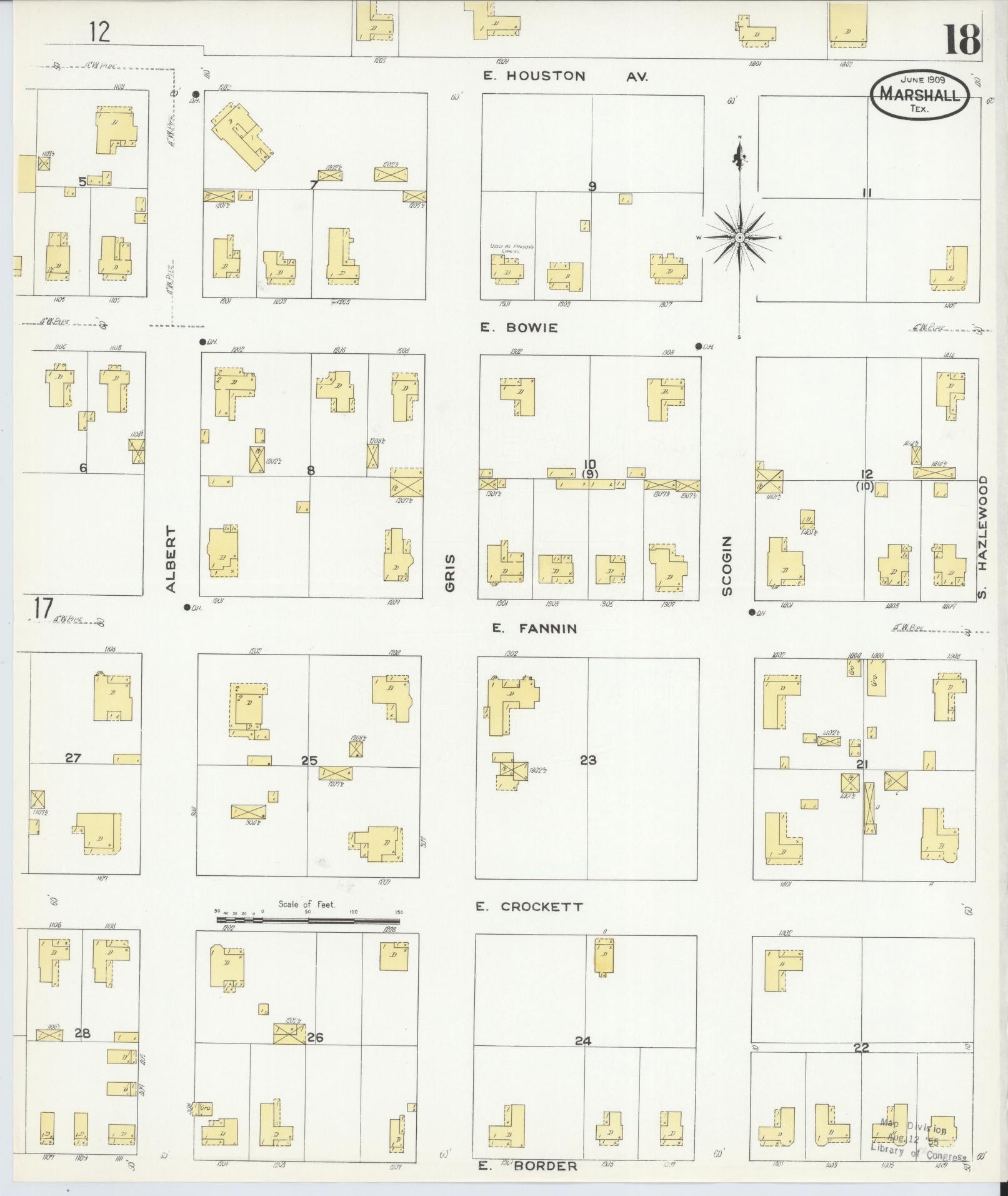 Sanborn Fire Insurance Map from Marshall, Harrison County, Texas (1909), Sheet #0018 - Complete Map Set gallery image, historic Sanborn map, vintage wall art, Texas Texas