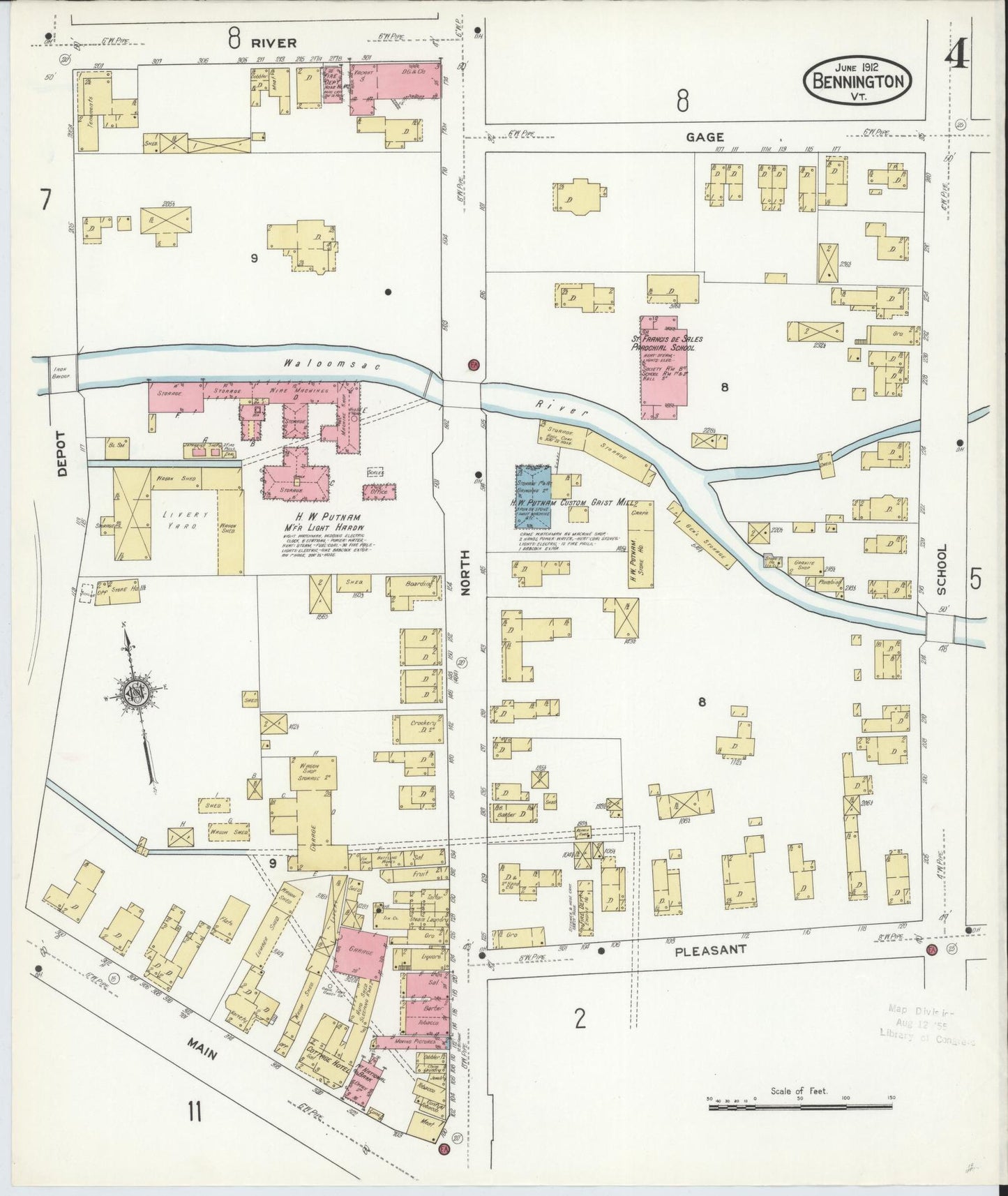 Sanborn Fire Insurance Map from Bennington, Bennington County, Vermont (1912), Sheet #0004 - Complete Map Set gallery image, historic Sanborn map, vintage wall art, Vermont Vermont