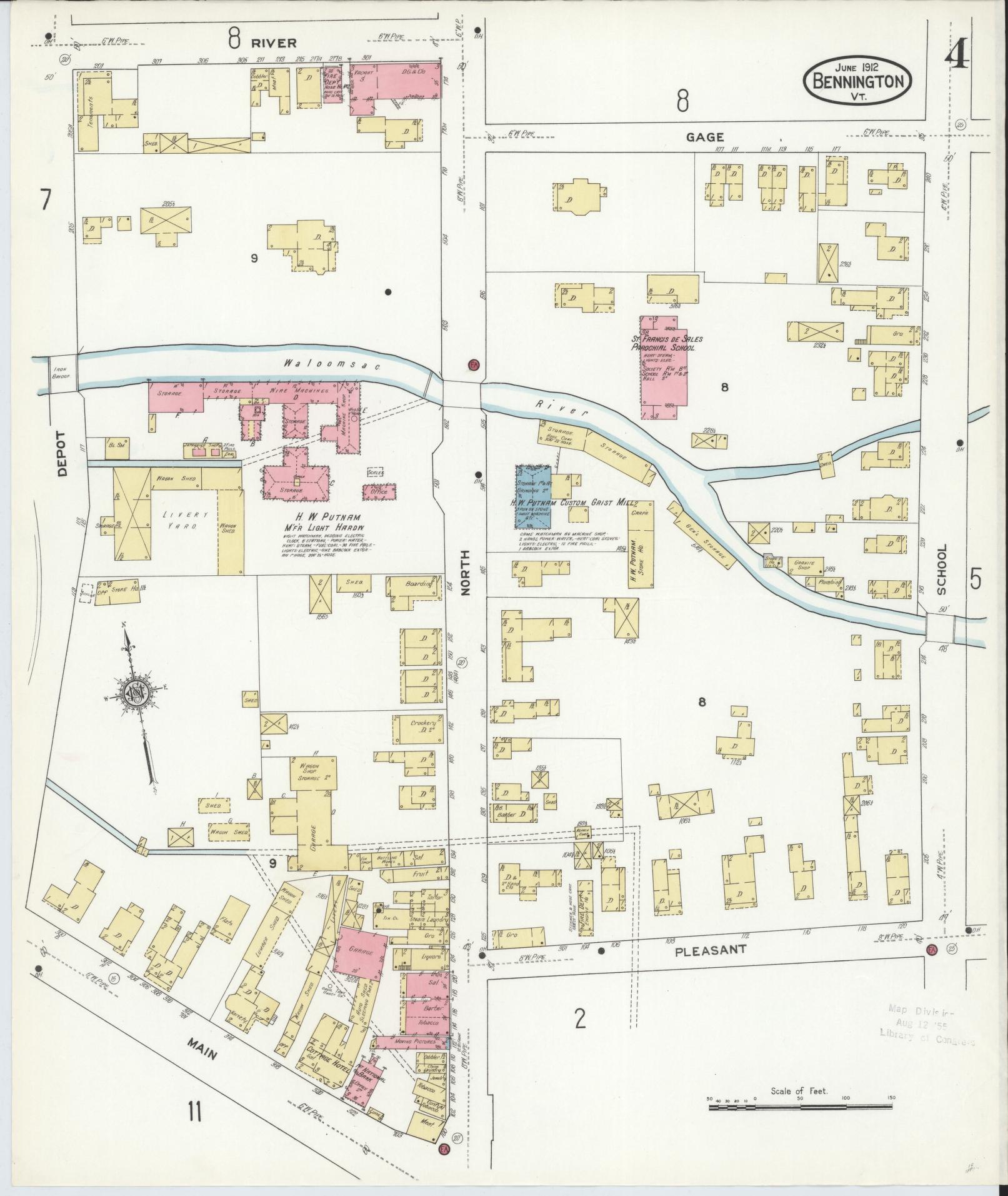 Sanborn Fire Insurance Map from Bennington, Bennington County, Vermont (1912), Sheet #0004 - Complete Map Set gallery image, historic Sanborn map, vintage wall art, Vermont Vermont