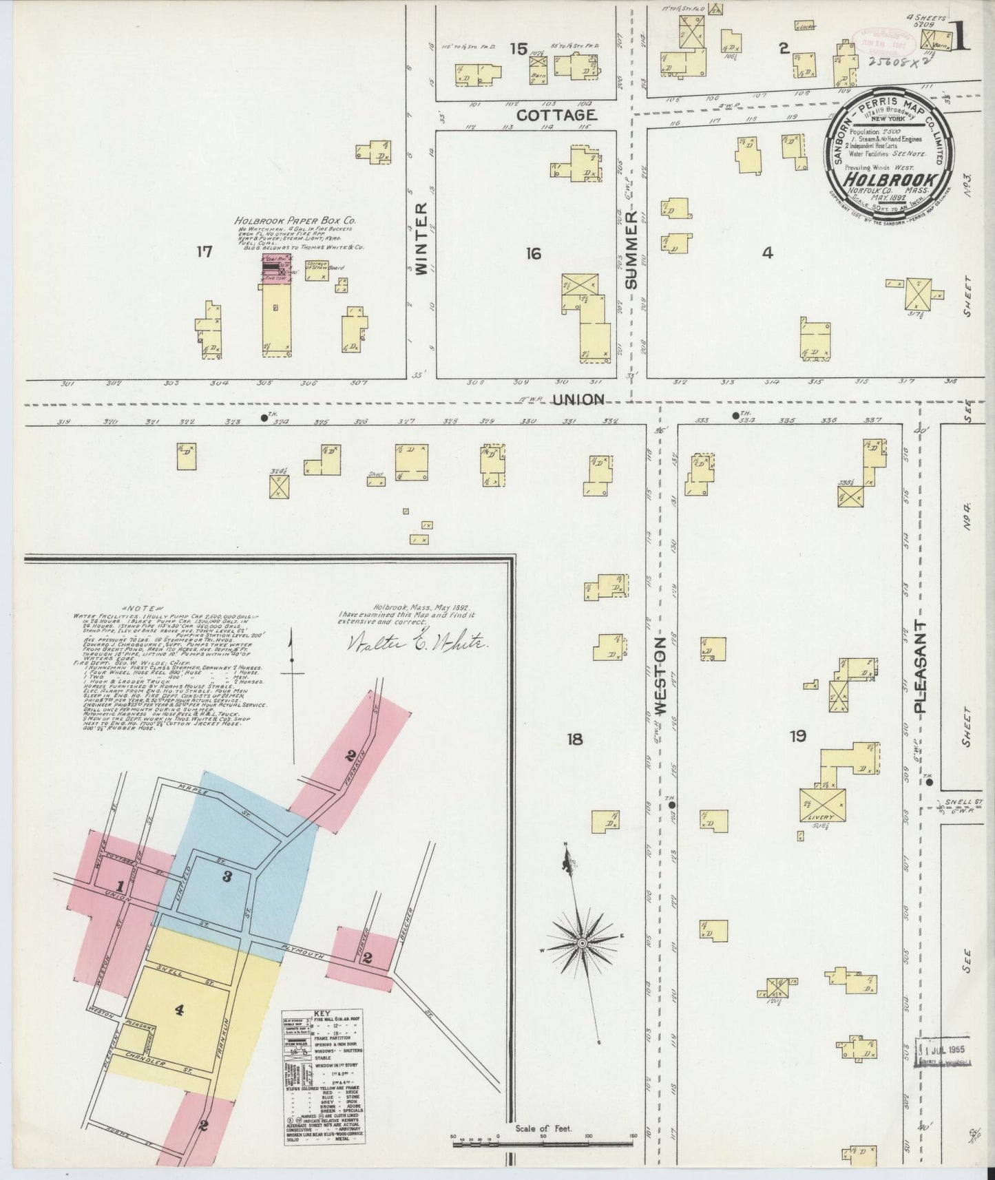 Sanborn Fire Insurance Map from Holbrook, Norfolk County, Massachusetts (1892), Sheet #0001 - Historic Sanborn Fire Insurance Map Print, vintage old map wall art, antique decor, genealogy gift, Massachusetts Massachusetts map