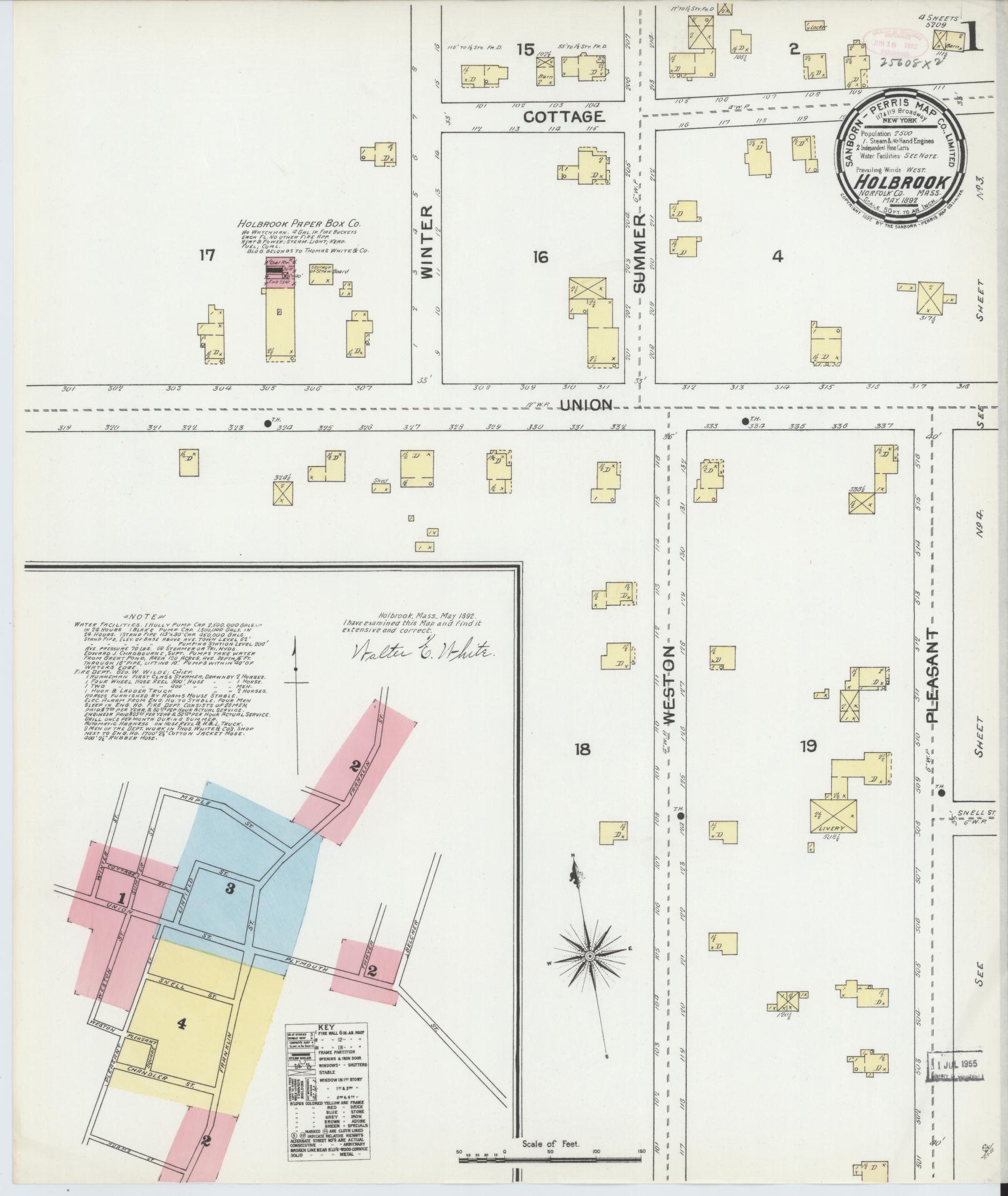 Sanborn Fire Insurance Map from Holbrook, Norfolk County, Massachusetts (1892), Sheet #0001 - Historic Sanborn Fire Insurance Map Print, vintage old map wall art, antique decor, genealogy gift, Massachusetts Massachusetts map