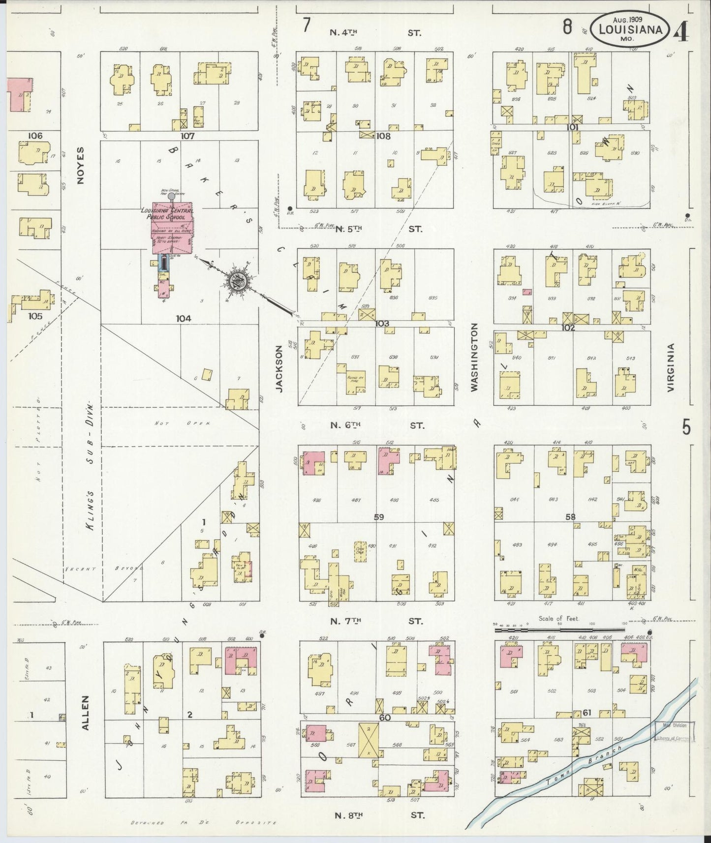 Sanborn Fire Insurance Map from Louisiana, Pike County, Missouri (1909), Sheet #0004 - Historic Sanborn Fire Insurance Map Print, vintage old map wall art, antique decor, genealogy gift, Missouri Missouri map