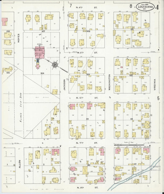 Sanborn Fire Insurance Map from Louisiana, Pike County, Missouri (1909), Sheet #0004 - Historic Sanborn Fire Insurance Map Print, vintage old map wall art, antique decor, genealogy gift, Missouri Missouri map