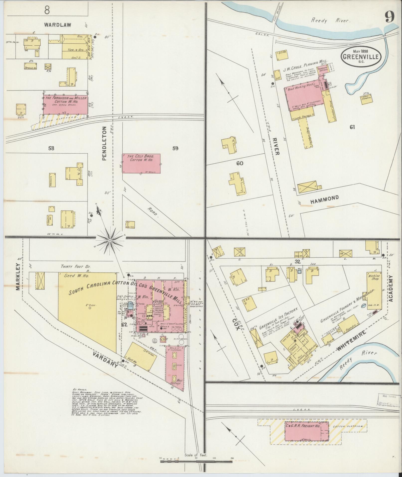 Sanborn Fire Insurance Map from Greenville, Greenville County, South Carolina (1898), Sheet #0009 - Historic Sanborn Fire Insurance Map Print, vintage old map wall art, antique decor, genealogy gift, South Carolina South Carolina map
