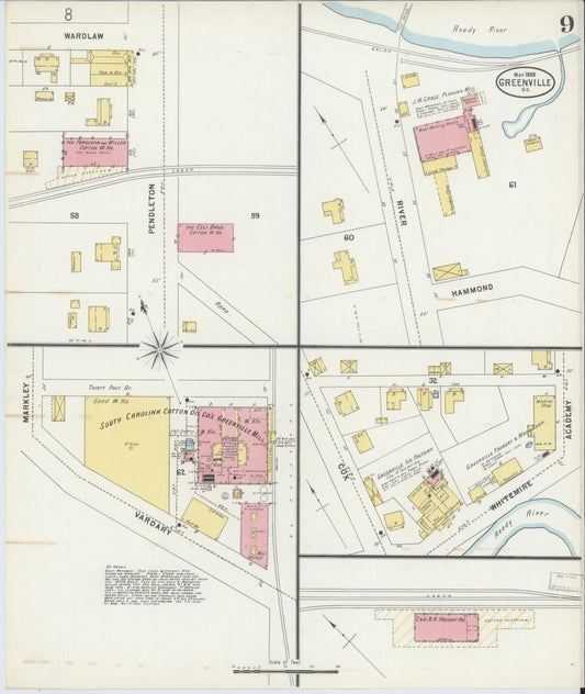Sanborn Fire Insurance Map from Greenville, Greenville County, South Carolina (1898), Sheet #0009 - Historic Sanborn Fire Insurance Map Print, vintage old map wall art, antique decor, genealogy gift, South Carolina South Carolina map