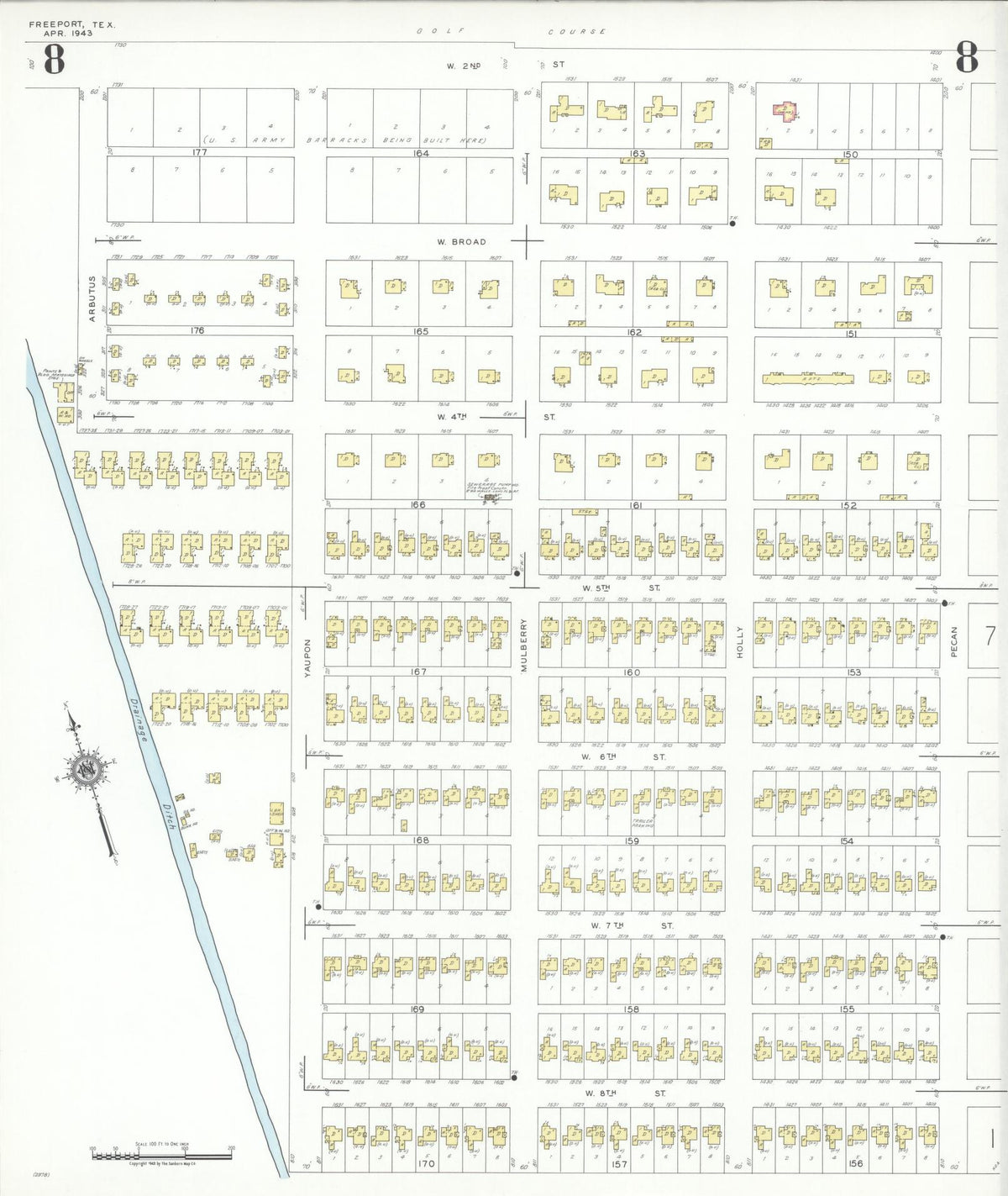 Sanborn Fire Insurance Map from Freeport, Brazoria County, Texas (1943), Sheet #0008 - Historic Sanborn Fire Insurance Map Print, vintage old map wall art, antique decor, genealogy gift, Texas Texas map