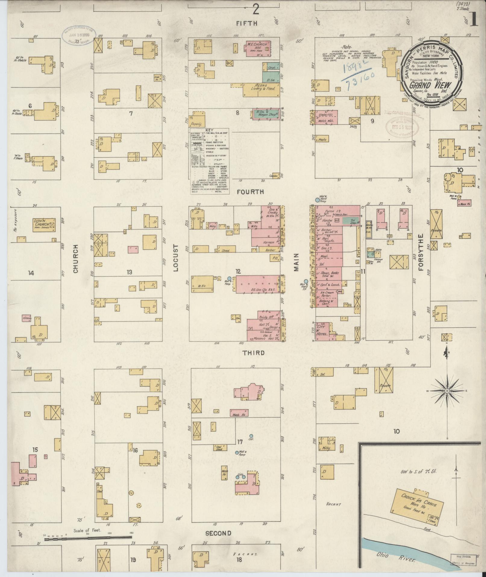 Sanborn Fire Insurance Map from Grand View, Spencer County, Indiana (1898), Sheet #0001 - Complete Map Set gallery image, historic Sanborn map, vintage wall art, Indiana Indiana