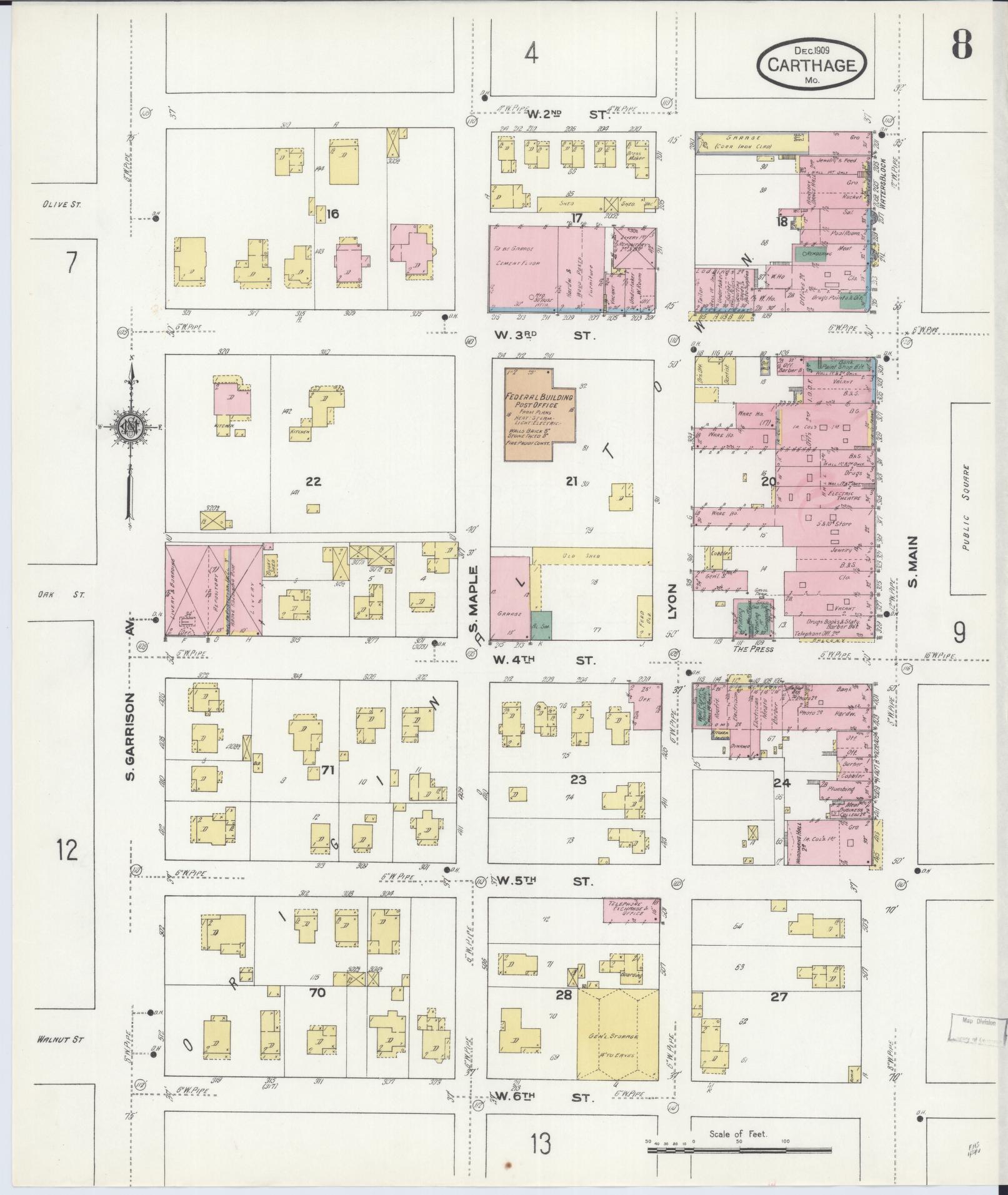 Sanborn Fire Insurance Map from Carthage, Jasper County, Missouri (1909), Sheet #0008 - Complete Map Set gallery image, historic Sanborn map, vintage wall art, Missouri Missouri