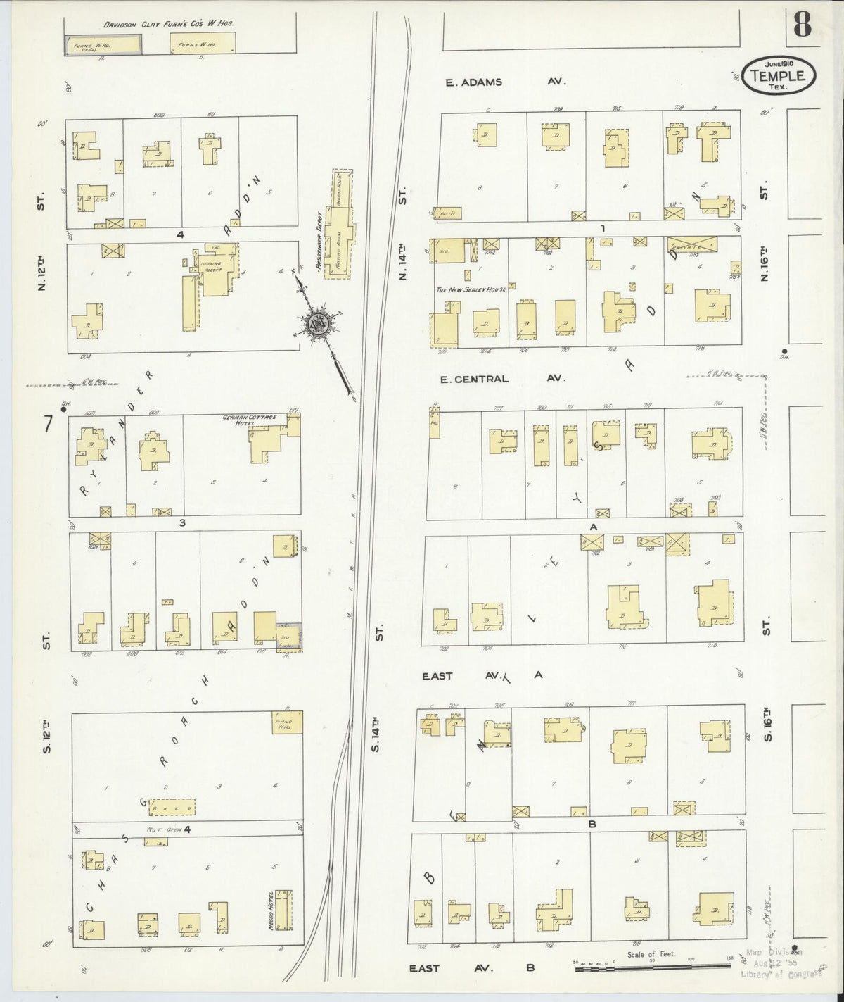 Sanborn Fire Insurance Map from Temple, Bell County, Texas (1910), Sheet #0008 - Historic Sanborn Fire Insurance Map Print, vintage old map wall art, antique decor, genealogy gift, Texas Texas map