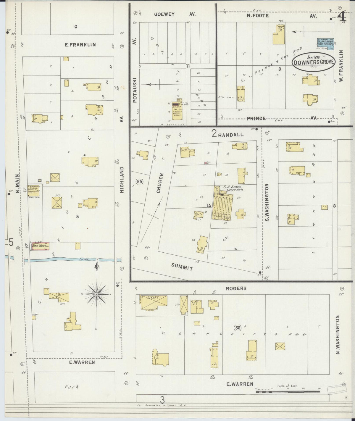 Sanborn Fire Insurance Map from Downers Grove, Dupage County, Illinois (1898), Sheet #0004 - Complete Map Set gallery image, historic Sanborn map, vintage wall art, Illinois Illinois