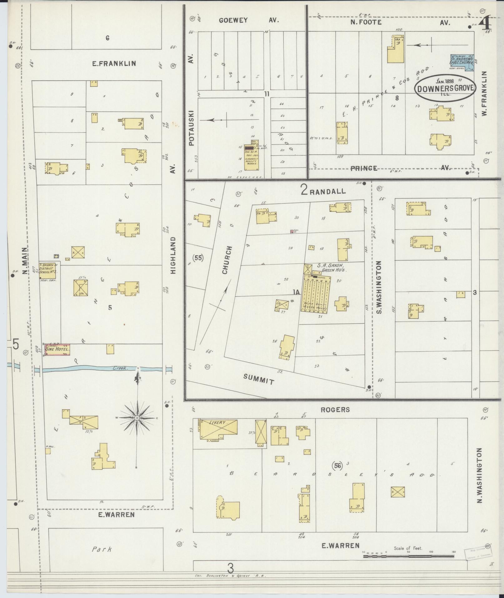 Sanborn Fire Insurance Map from Downers Grove, Dupage County, Illinois (1898), Sheet #0004 - Complete Map Set gallery image, historic Sanborn map, vintage wall art, Illinois Illinois