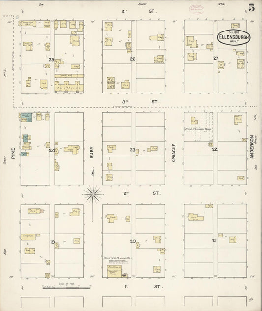 Sanborn Fire Insurance Map from Ellensburg, Kittitas County, Washington (1888), Sheet #0005 - Historic Sanborn Fire Insurance Map Print, vintage old map wall art, antique decor, genealogy gift, Washington Washington map