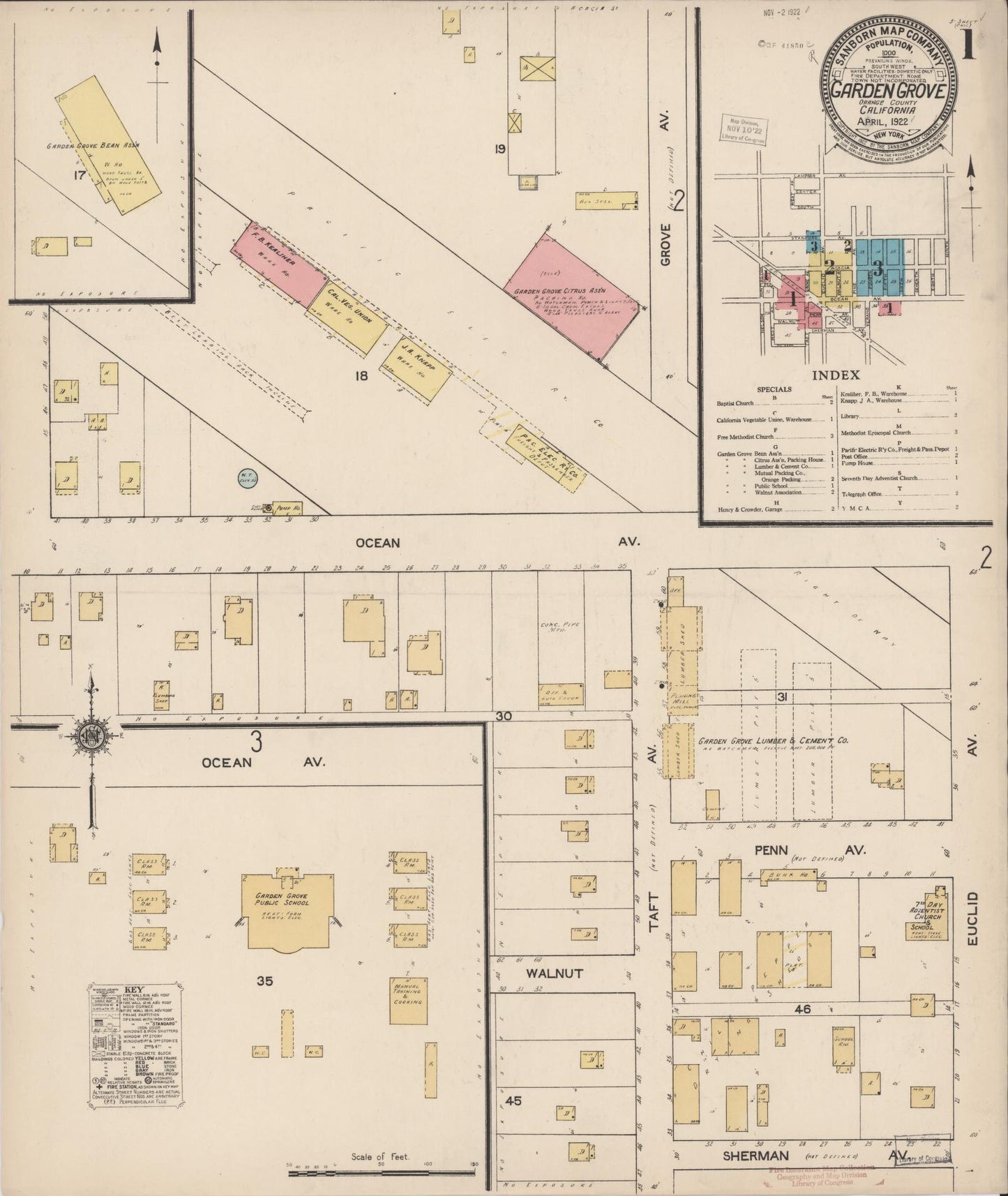 Sanborn Fire Insurance Map from Garden Grove, Orange County, California (1922), Sheet #0001 - Historic Sanborn Fire Insurance Map Print, vintage old map wall art, antique decor, genealogy gift, California California map