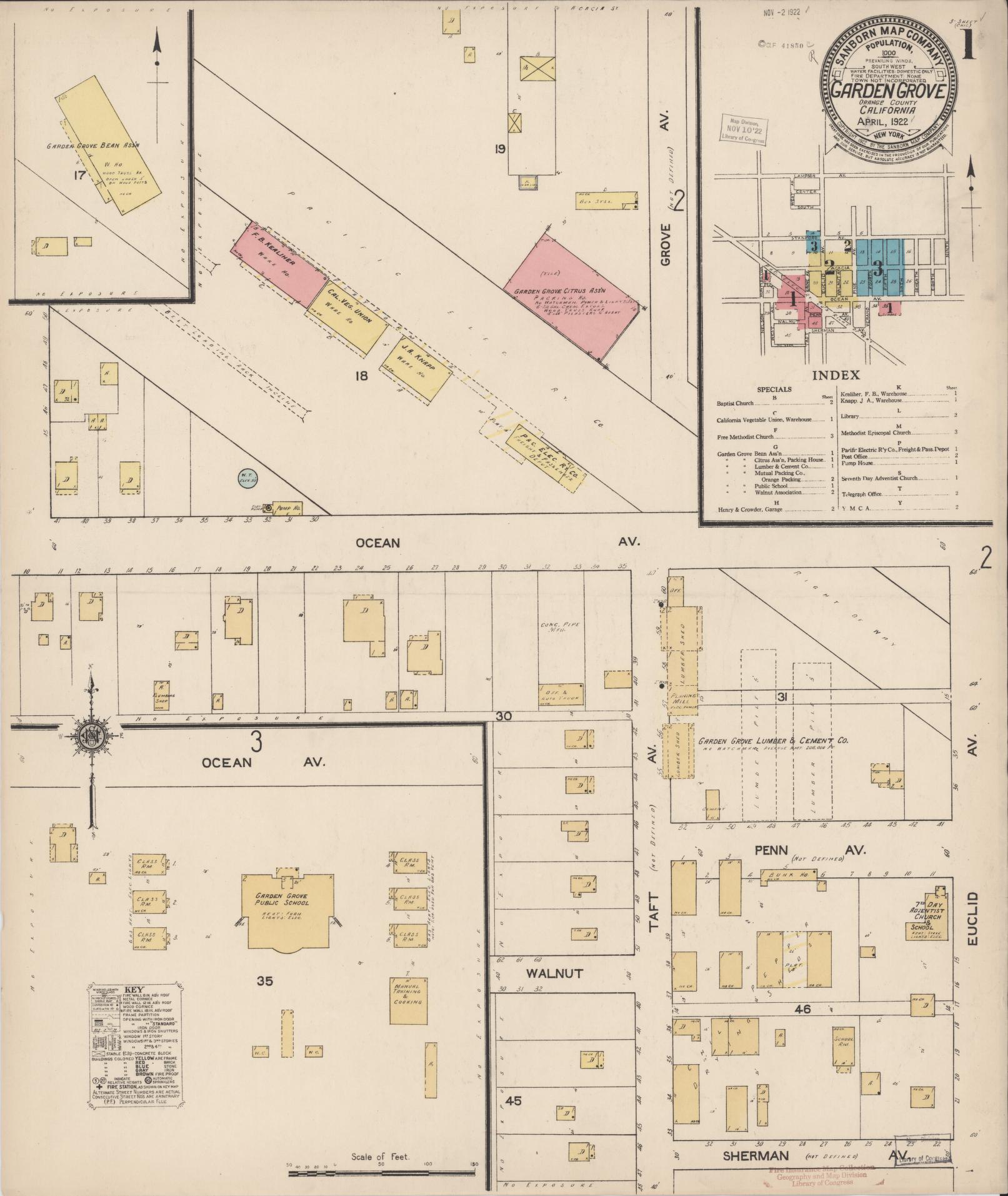 Sanborn Fire Insurance Map from Garden Grove, Orange County, California (1922), Sheet #0001 - Historic Sanborn Fire Insurance Map Print, vintage old map wall art, antique decor, genealogy gift, California California map