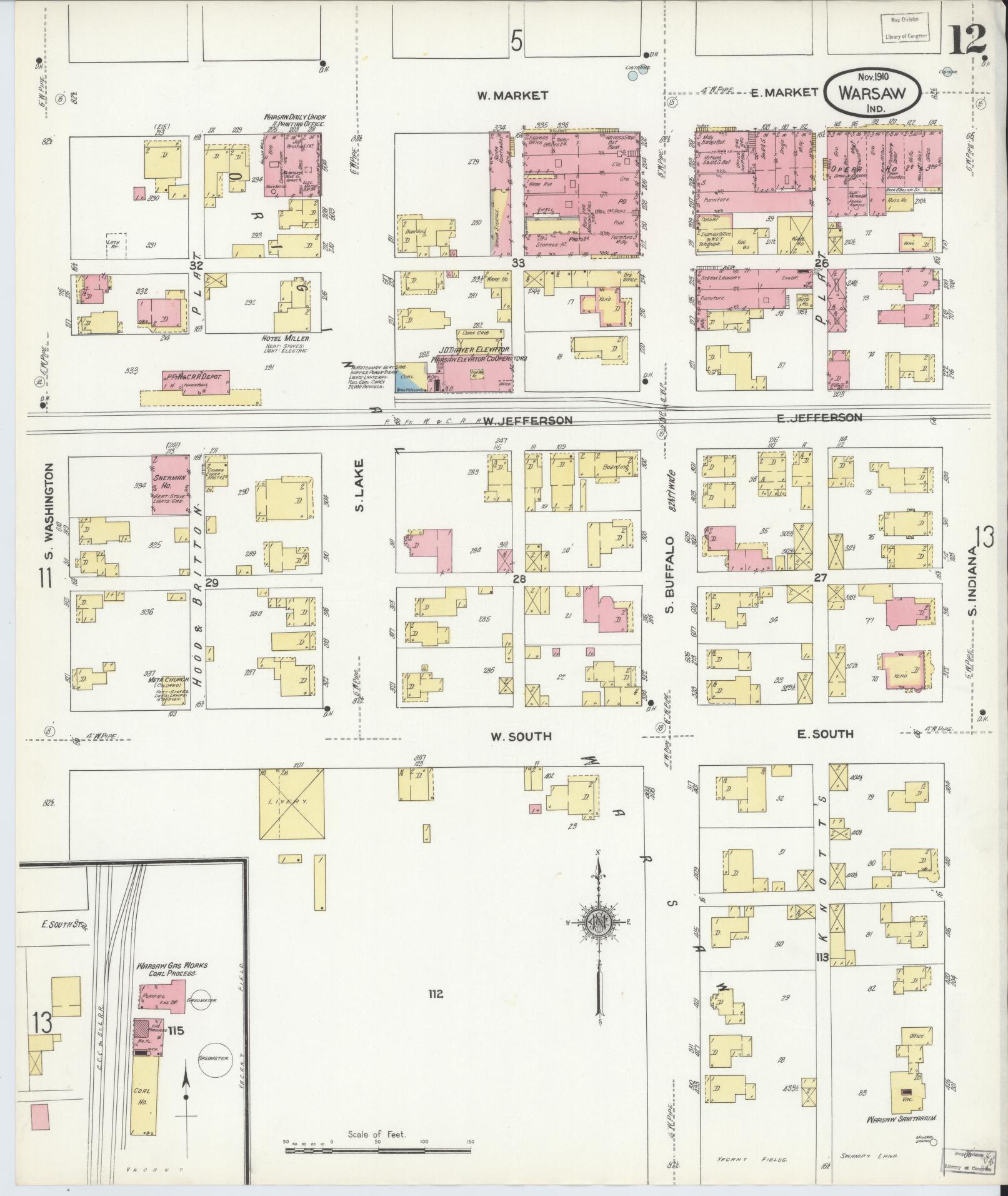 Sanborn Fire Insurance Map from Warsaw, Kosciusko County, Indiana (1910), Sheet #0012 - Complete Map Set gallery image, historic Sanborn map, vintage wall art, Indiana Indiana