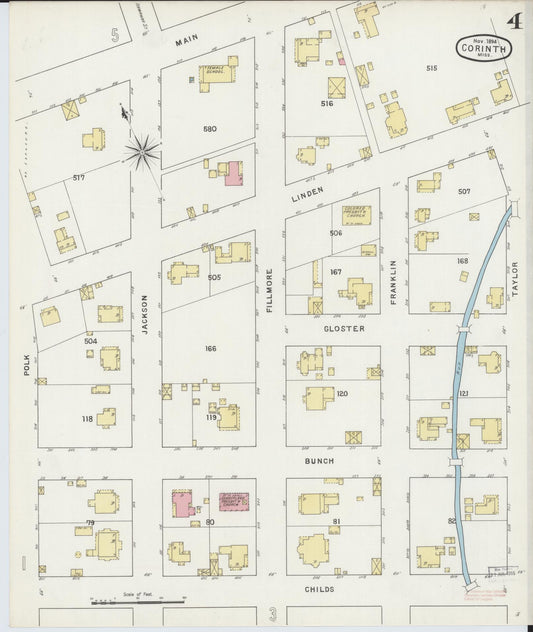 Sanborn Fire Insurance Map from Corinth, Alcorn County, Mississippi (1894), Sheet #0004 - Historic Sanborn Fire Insurance Map Print, vintage old map wall art, antique decor, genealogy gift, Mississippi Mississippi map