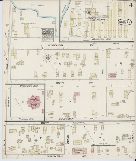Sanborn Fire Insurance Map from Neenah, Winnebago County, Wisconsin (1884), Sheet #0004 - Historic Sanborn Fire Insurance Map Print, vintage old map wall art, antique decor, genealogy gift, Wisconsin Wisconsin map