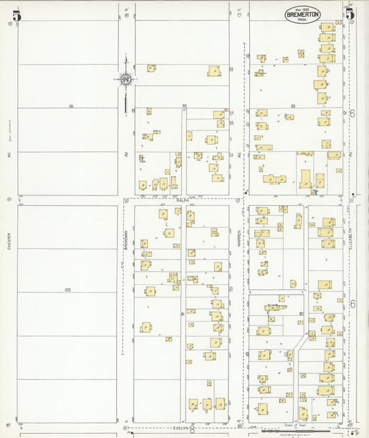 Sanborn Fire Insurance Map from Bremerton, Kitsap County, Washington (1925), Sheet #0005 - Historic Sanborn Fire Insurance Map Print, vintage old map wall art, antique decor, genealogy gift, Washington Washington map