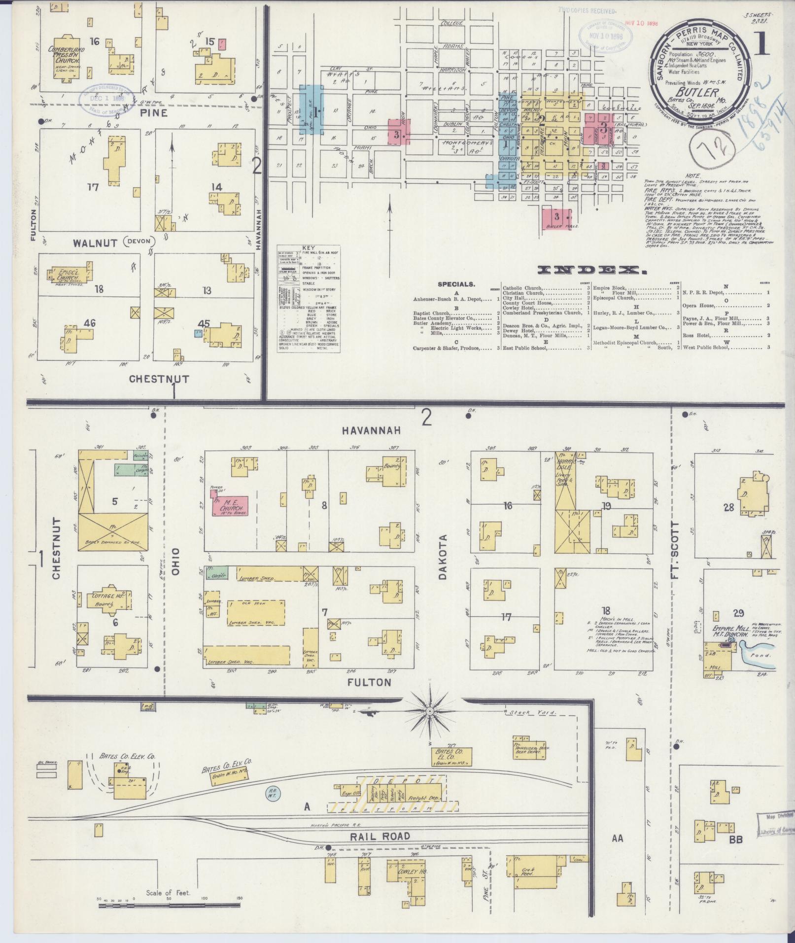 Sanborn Fire Insurance Map from Butler, Bates County, Missouri (1898), Sheet #0001 - Historic Sanborn Fire Insurance Map Print, vintage old map wall art, antique decor, genealogy gift, Missouri Missouri map
