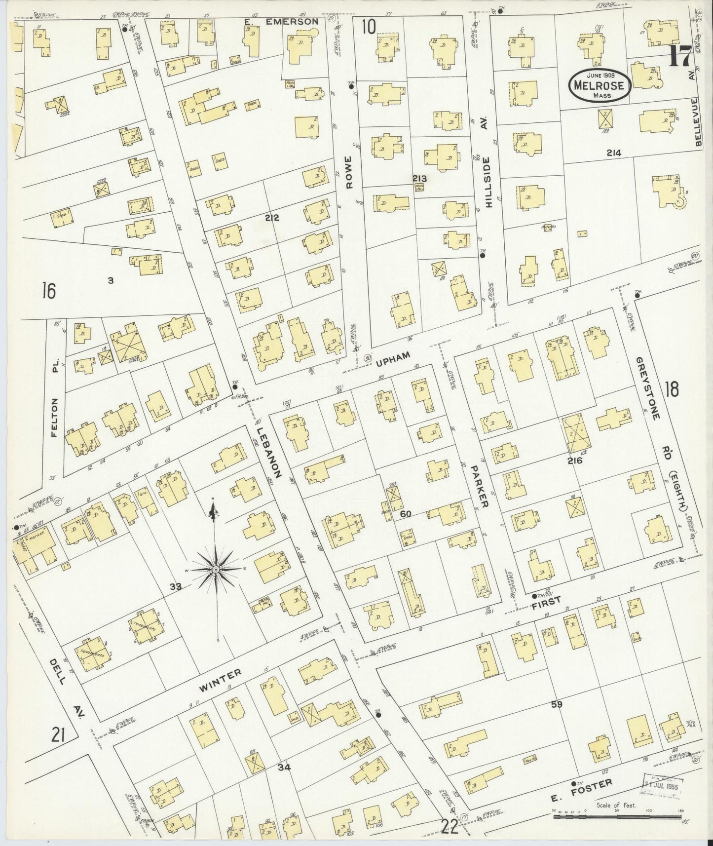 Sanborn Fire Insurance Map from Melrose, Middlesex County, Massachusetts (1909), Sheet #0017 - Historic Sanborn Fire Insurance Map Print, vintage old map wall art, antique decor, genealogy gift, Massachusetts Massachusetts map