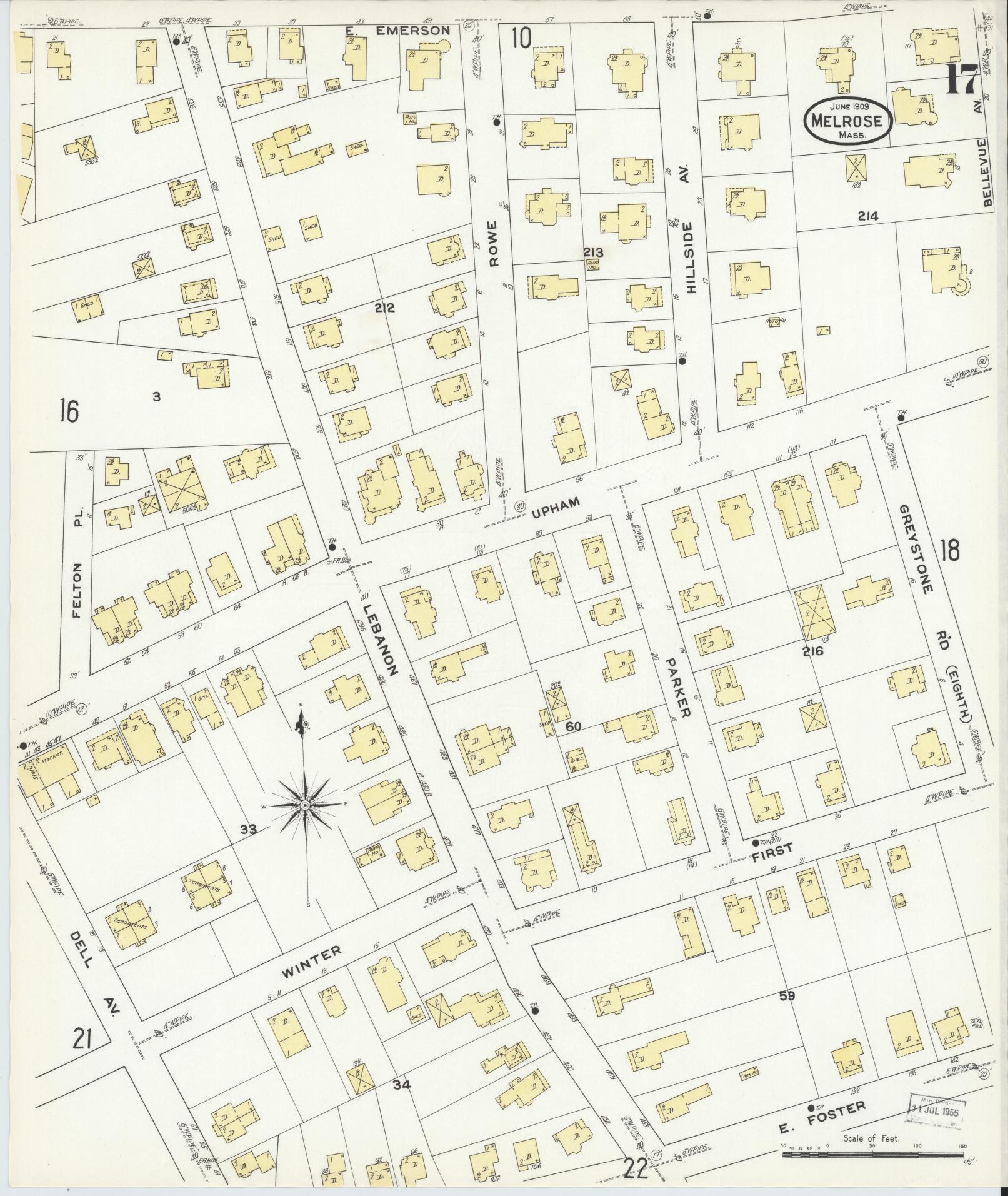 Sanborn Fire Insurance Map from Melrose, Middlesex County, Massachusetts (1909), Sheet #0017 - Historic Sanborn Fire Insurance Map Print, vintage old map wall art, antique decor, genealogy gift, Massachusetts Massachusetts map