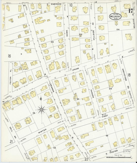 Sanborn Fire Insurance Map from Melrose, Middlesex County, Massachusetts (1909), Sheet #0017 - Historic Sanborn Fire Insurance Map Print, vintage old map wall art, antique decor, genealogy gift, Massachusetts Massachusetts map