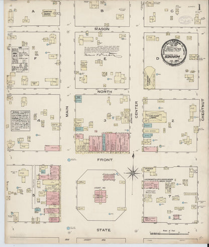 Sanborn Fire Insurance Map from Bonham, Fannin County, Texas (1885), Sheet #0001 - Historic Sanborn Fire Insurance Map Print, vintage old map wall art, antique decor, genealogy gift, Texas Texas map